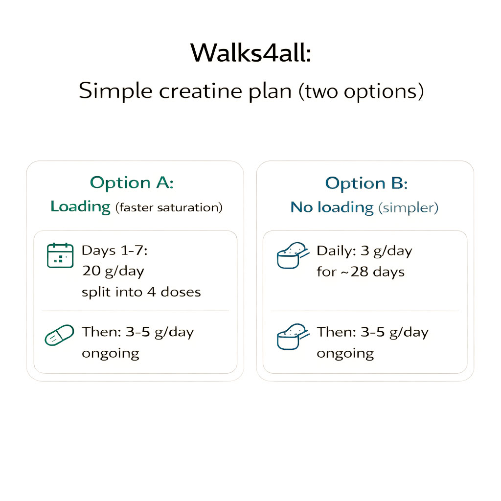 Infographic comparing creatine loading phase with a no-loading daily dosing approach