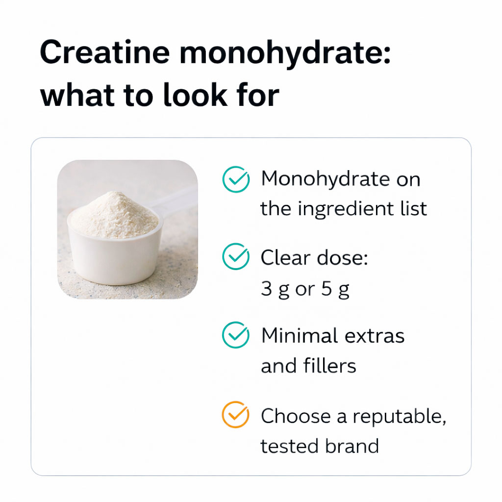 Checklist infographic showing how to identify quality creatine monohydrate supplements