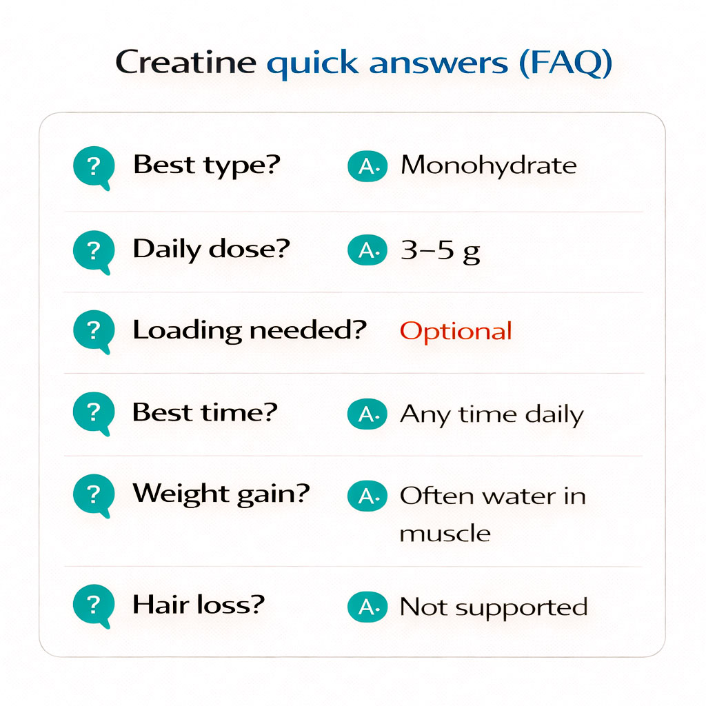 FAQ infographic answering common questions about creatine dose, timing, loading and safety