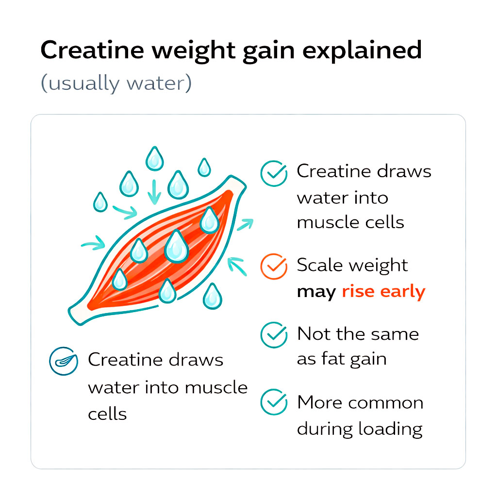 Diagram showing creatine drawing water into muscle cells, explaining early scale changes