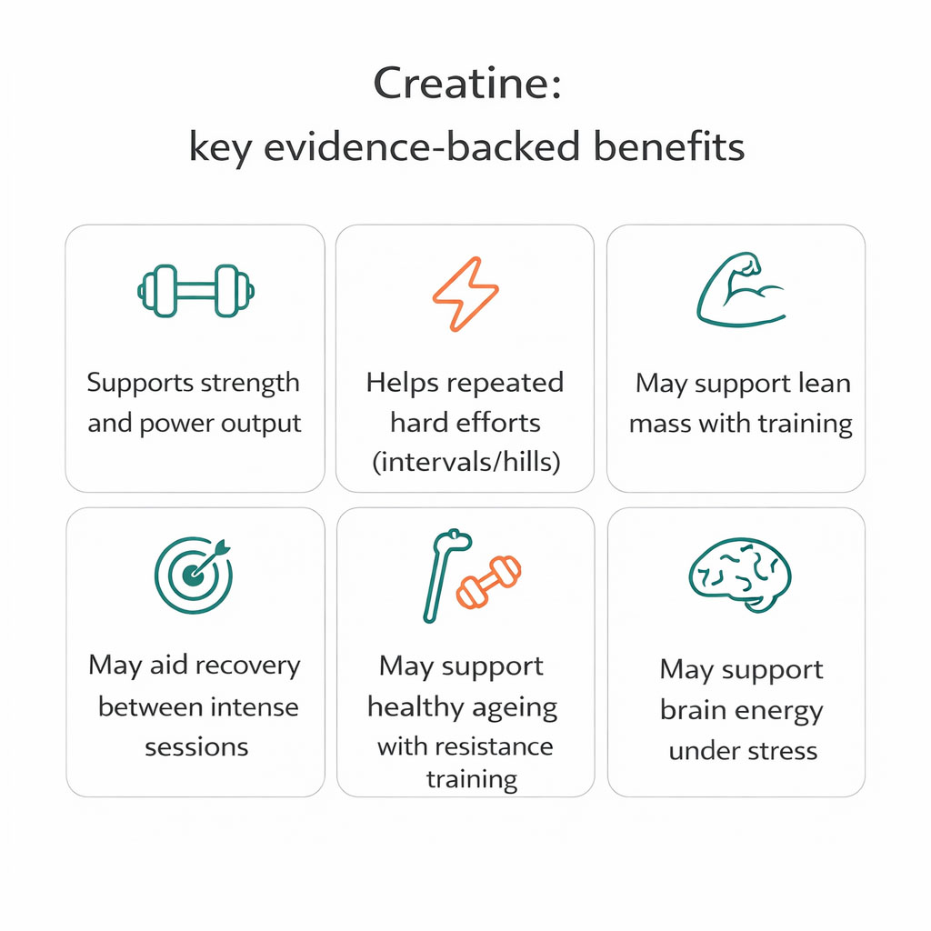 Infographic showing proven creatine benefits for strength, repeated efforts, recovery and cognition