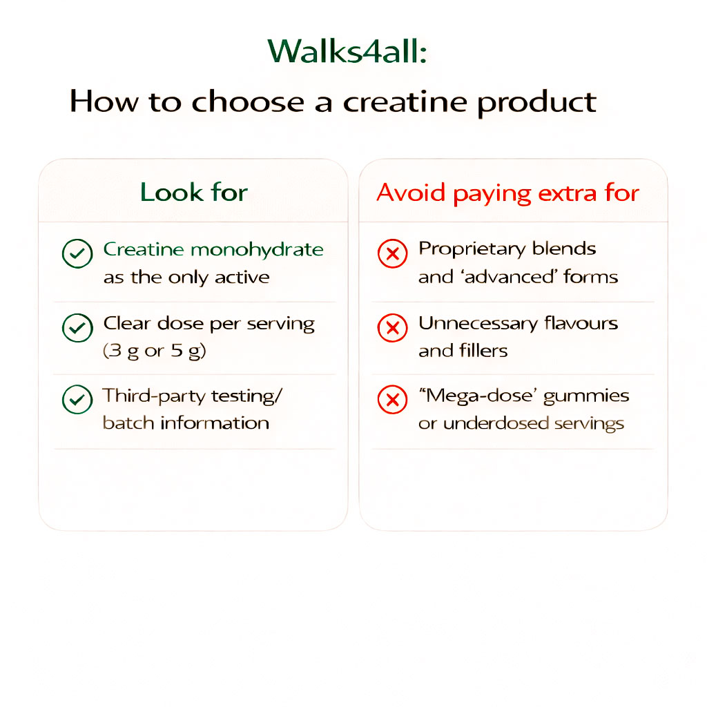 Checklist infographic showing what to look for in a creatine supplement and what to avoid