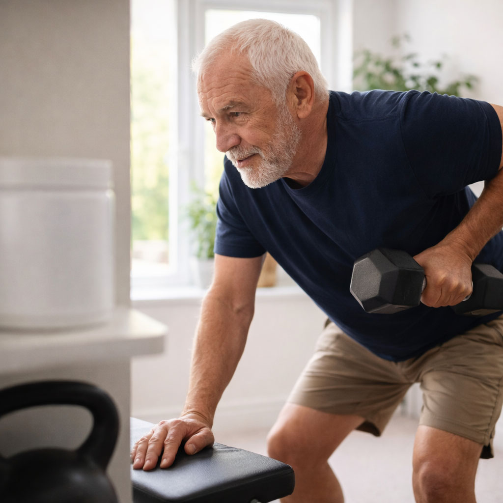 Older man performing a controlled dumbbell exercise in a bright home gym