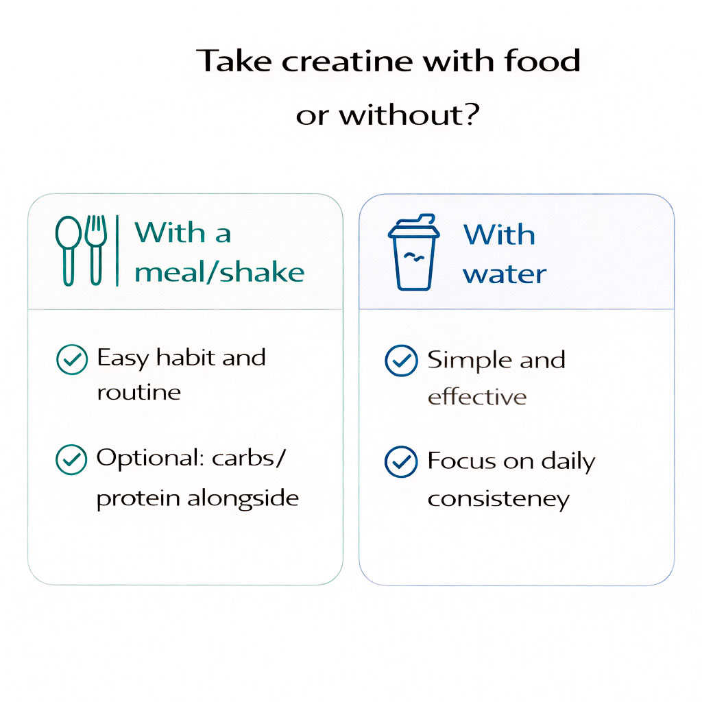 Comparison showing creatine taken with meals versus with water and daily consistency