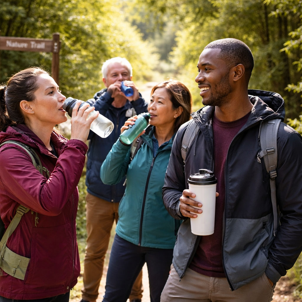 Group of walkers resting on a woodland path, drinking water during a sunny UK walk