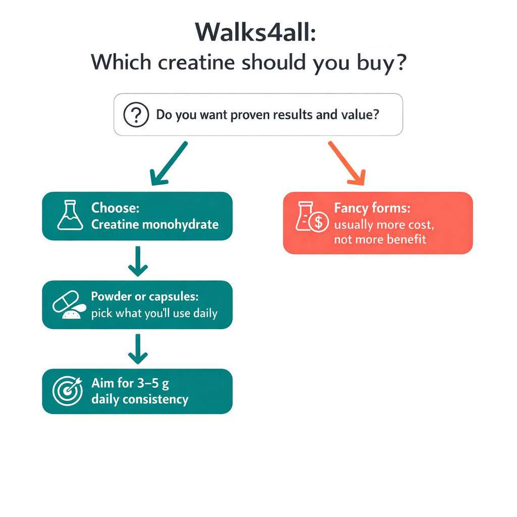 Decision tree infographic showing how to choose creatine, highlighting monohydrate as the best value