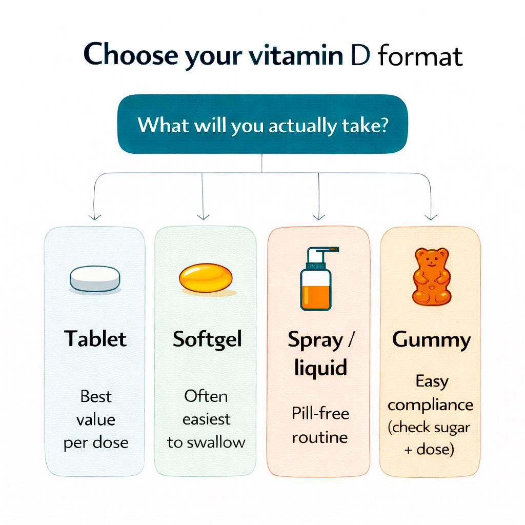 Decision infographic comparing vitamin D supplement formats tablet, softgel, spray, liquid and gummy to help choose the easiest option to take daily