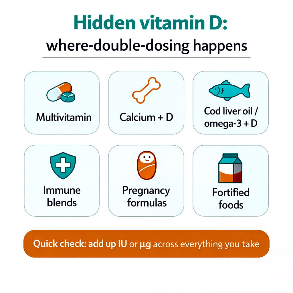 Infographic showing hidden vitamin D sources in multivitamins, calcium plus D, cod liver oil, immune blends, pregnancy vitamins and fortified foods