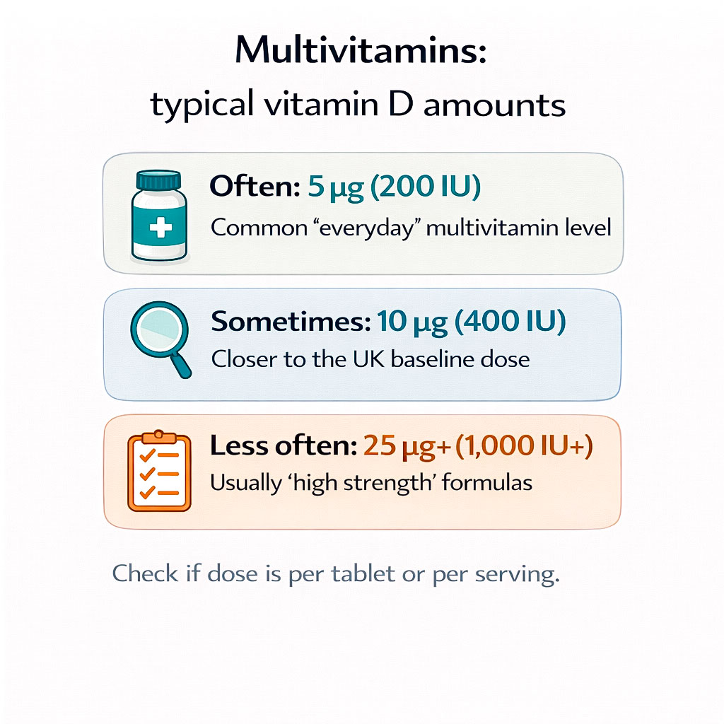 UK multivitamin vitamin D guide showing typical amounts such as 5&mu;g or 10&mu;g and how labels may show %NRV