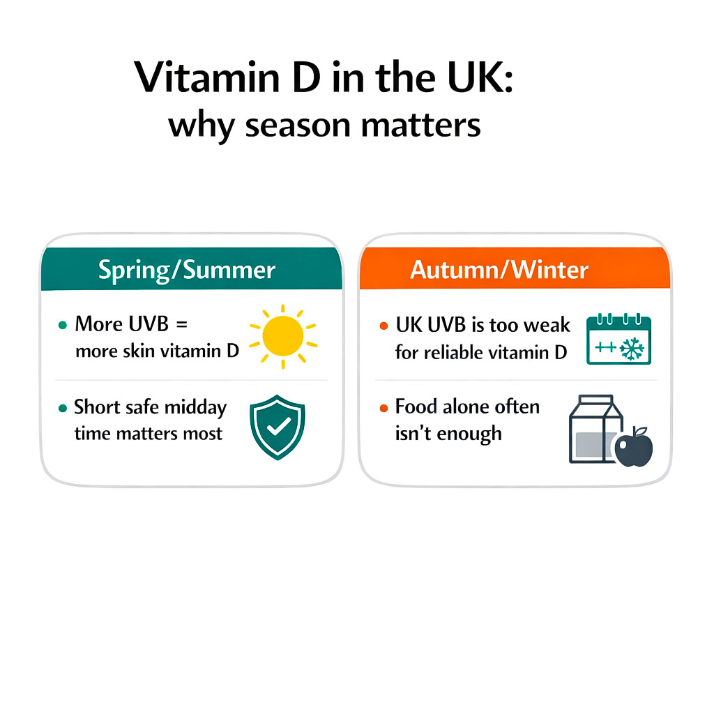 UK seasonal vitamin D infographic comparing summer vs winter sunlight and explaining why vitamin D production drops in autumn and winter