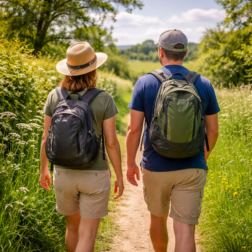 Photorealistic UK summer countryside walk showing brighter sunlight season when the body can make more vitamin D outdoors
