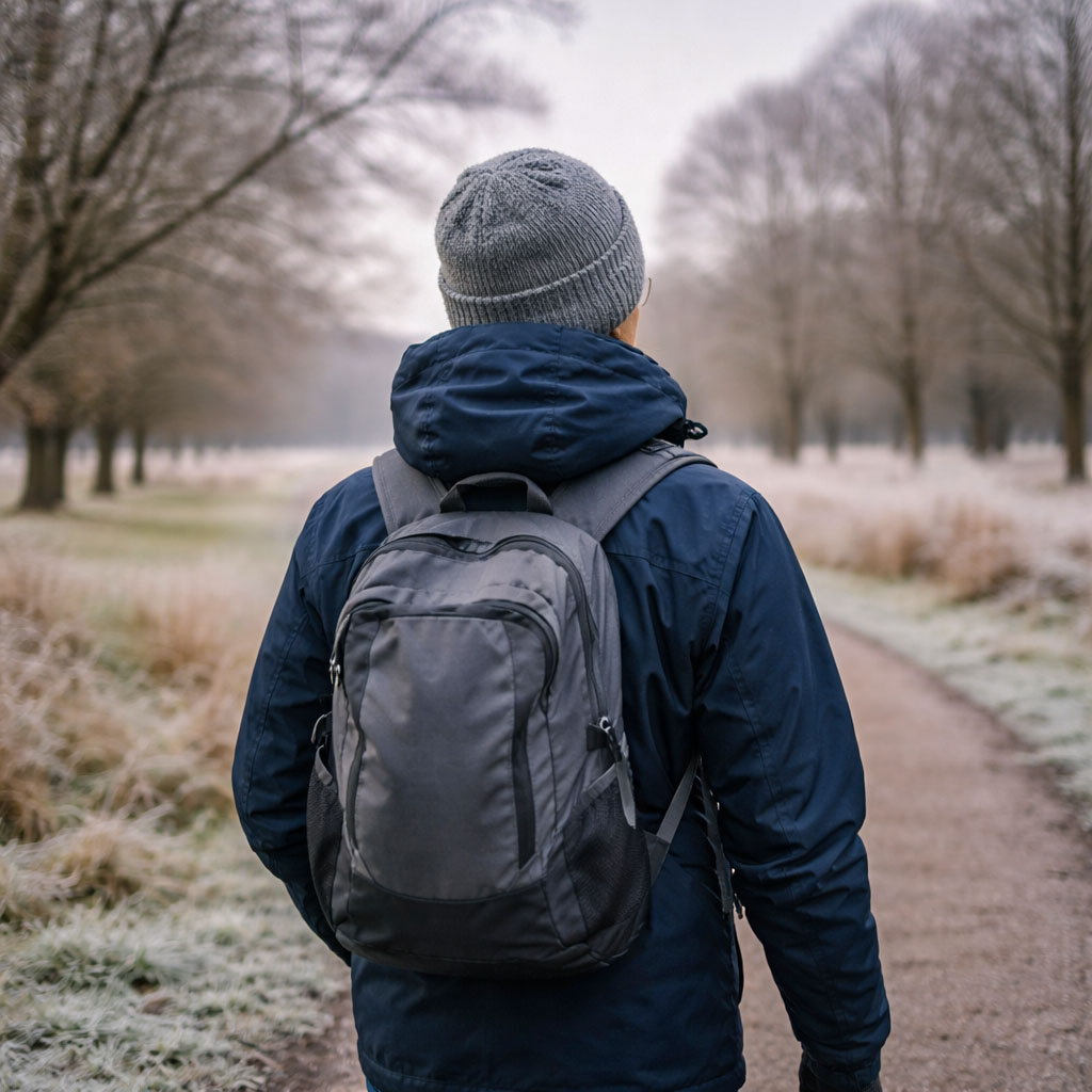 Photorealistic UK winter walk showing low sunlight months when vitamin D levels can drop and supplementation is commonly recommended
