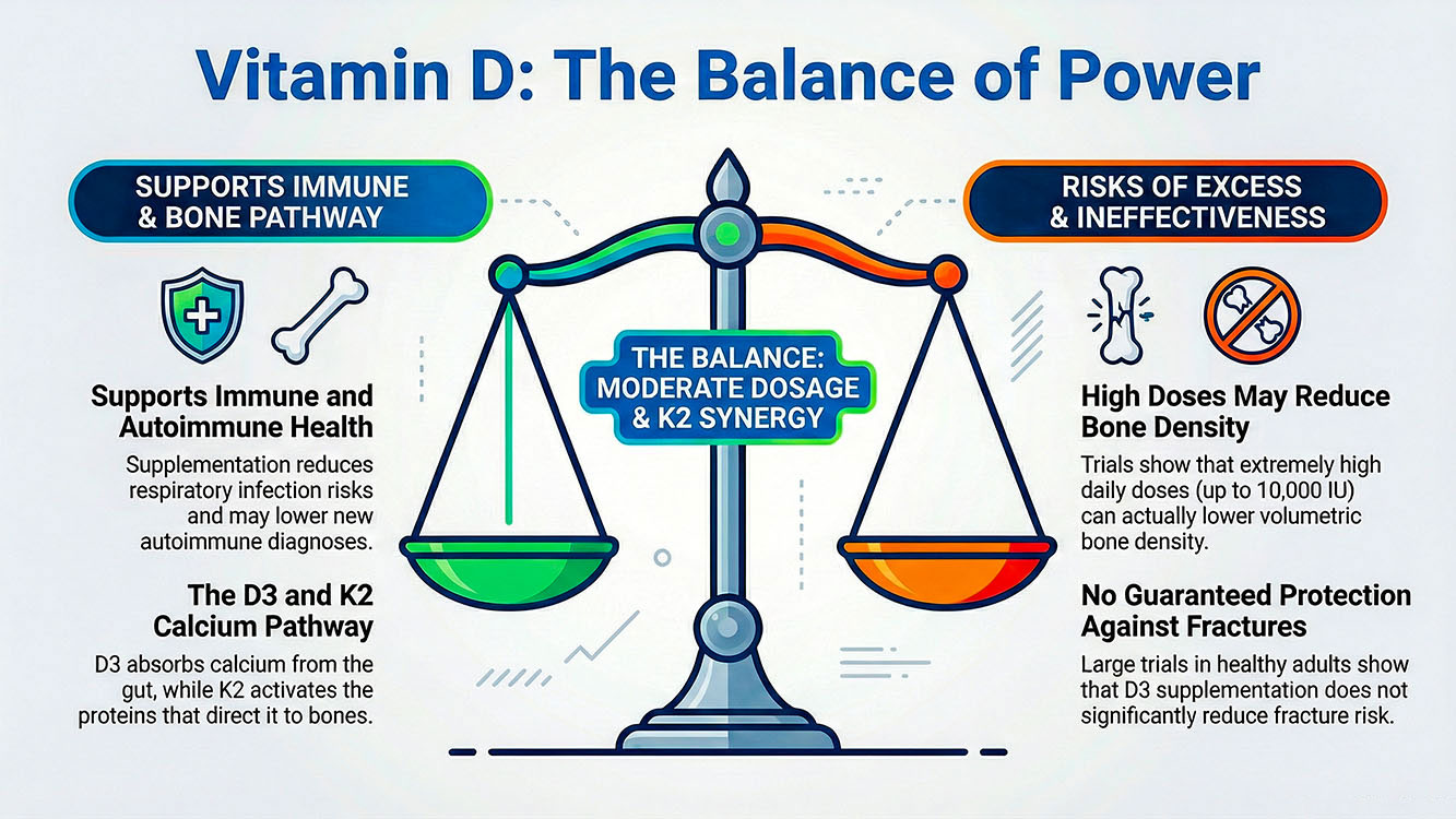 Vitamin D infographic showing balance of evidence between supported benefits such as immune and bone pathways and risks of high doses including reduced bone density and limited fracture protection in large trials