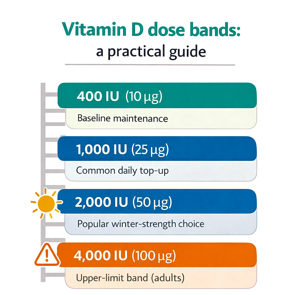 Vitamin D dose bands infographic with 400IU, 1000IU, 2000IU, 2500IU and 4000IU to help choose a daily vitamin D supplement dose in the UK