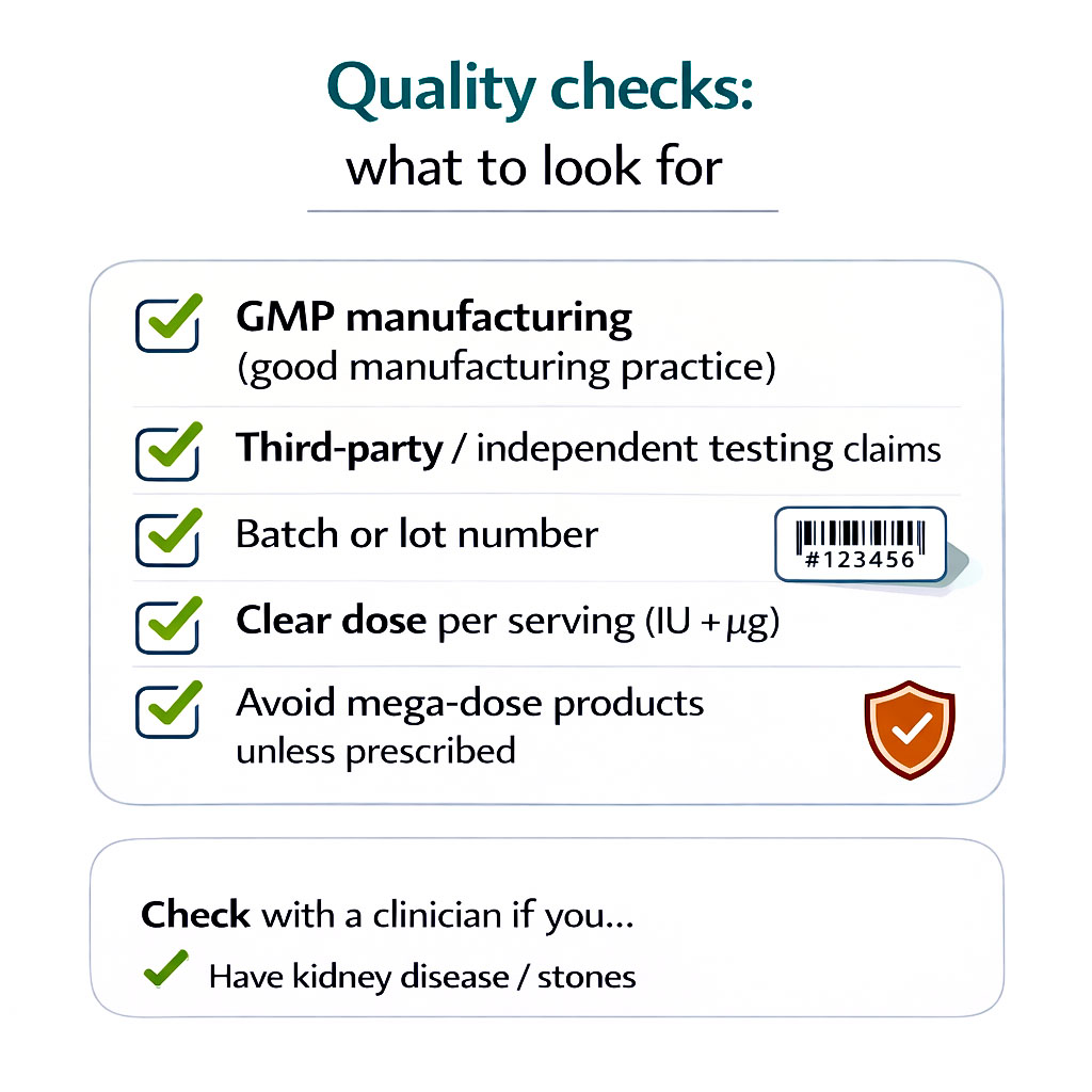 Checklist infographic on vitamin D supplement quality, including clear dose labelling, batch numbers, independent testing claims and avoiding mega-dose products