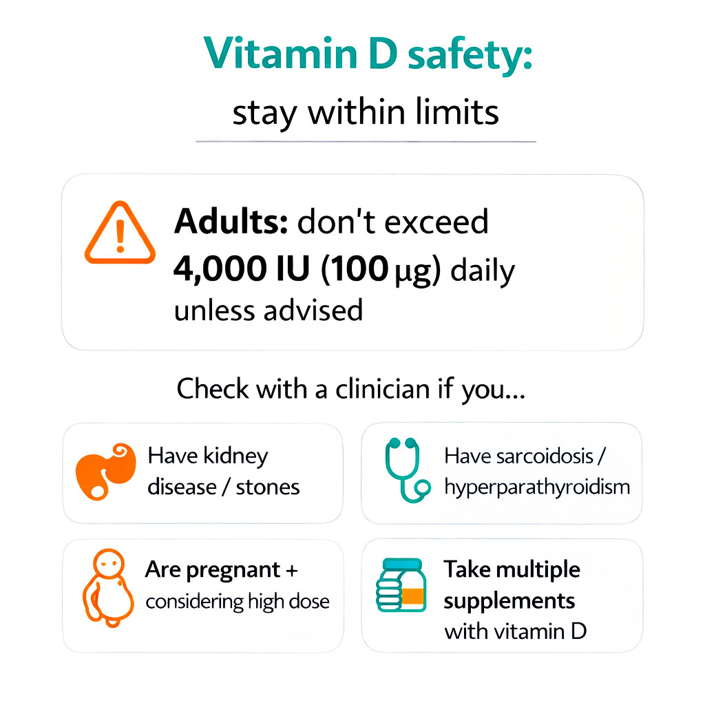 Vitamin D safety infographic showing the adult upper limit of 4000IU and who should speak to a clinician before higher doses or supplement stacking