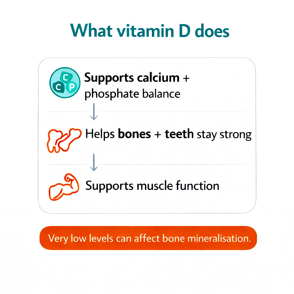 Simple vitamin D function infographic showing calcium and phosphate regulation supporting bones, teeth and muscle function