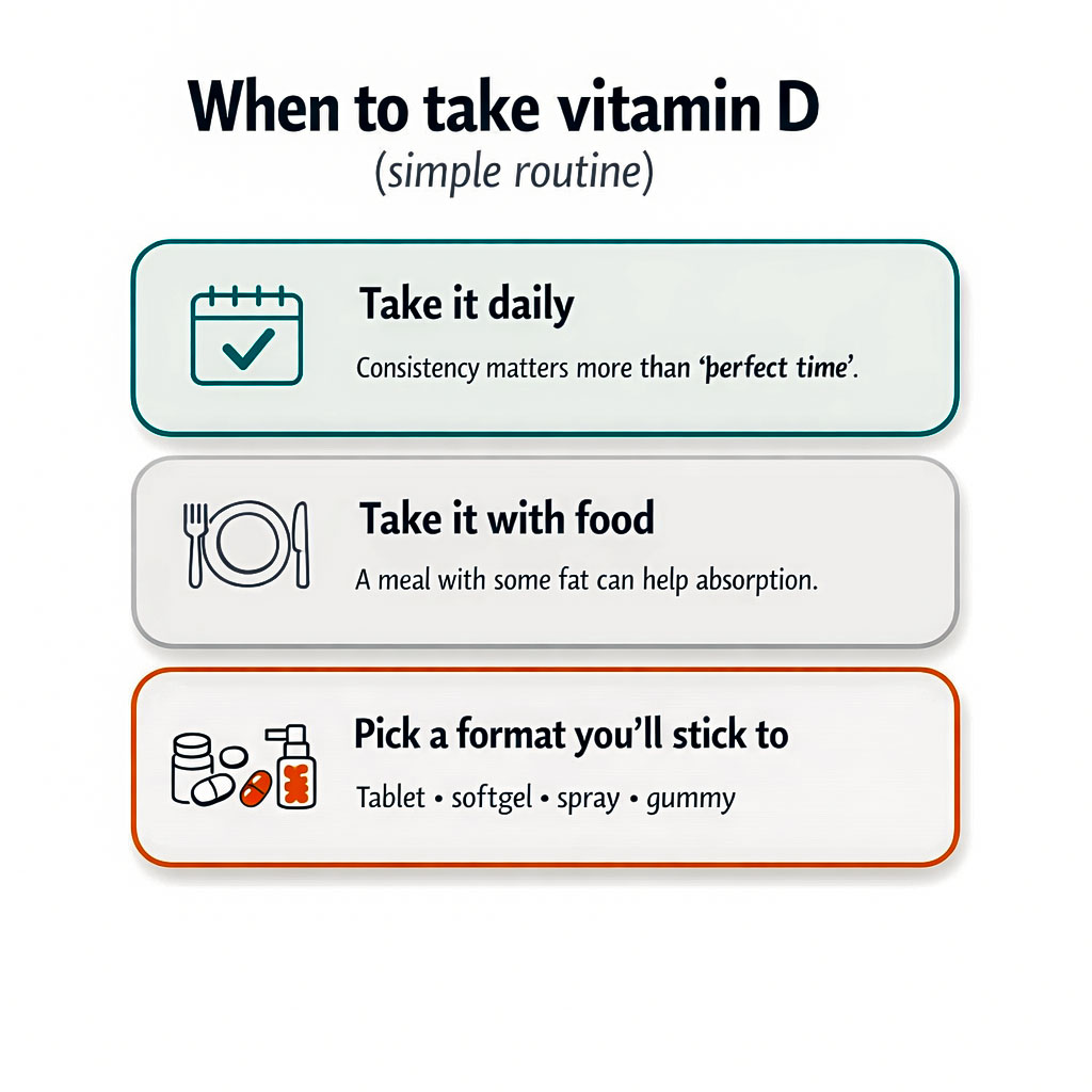 When to take vitamin D infographic recommending daily dosing, taking with a meal for better absorption and choosing a format you will stick to