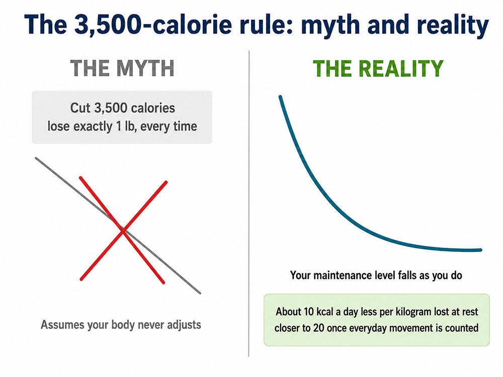 Myth-versus-reality graphic crossing out straight-line weight loss and showing a curved slowdown as maintenance calories fall.