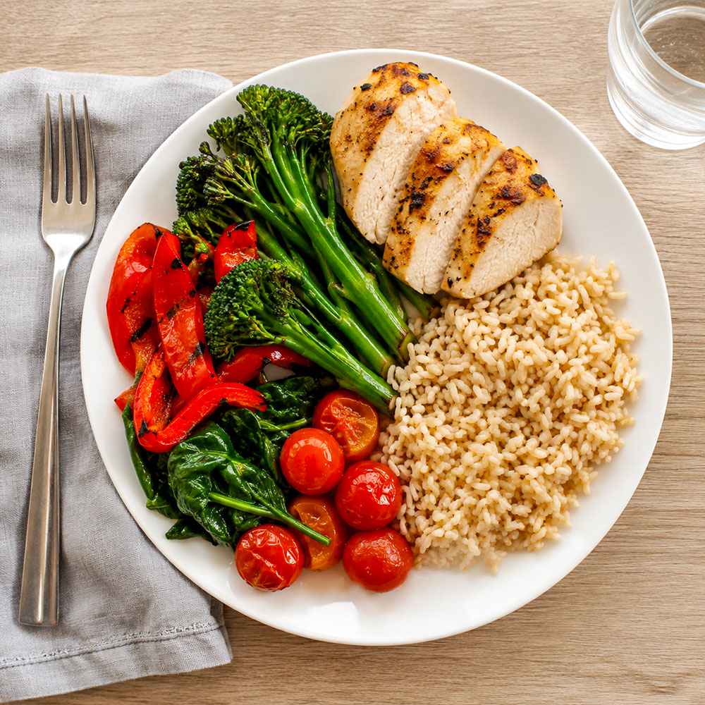 Overhead balanced meal with grilled chicken, brown rice and colourful vegetables arranged as protein, wholegrain carbohydrates and vegetables.