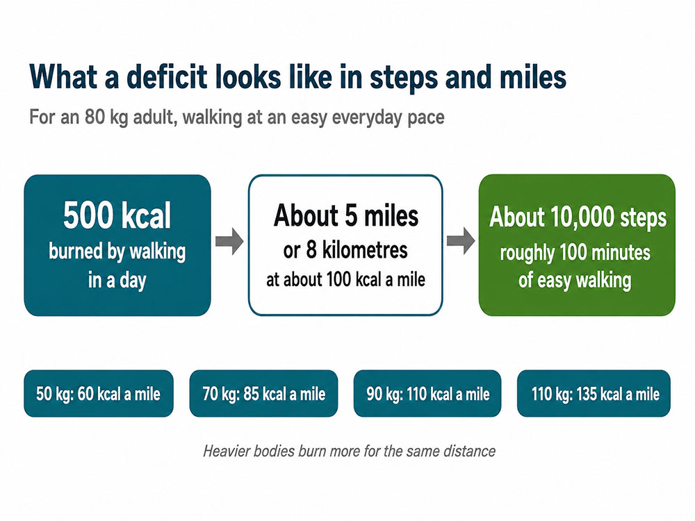 Infographic converting 500 kcal of walking for an 80 kg adult into about 5 miles, 8 kilometres, 10,000 steps or 100 minutes.