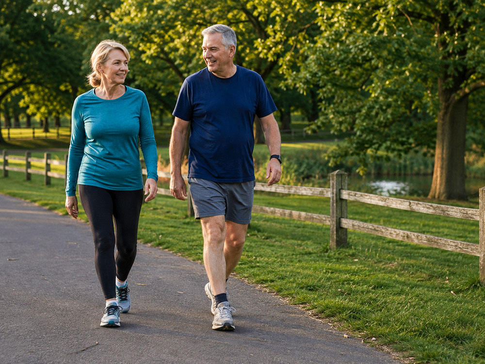 Middle-aged woman and man walking together at an easy pace on a tree-lined UK park path to support healthy weight loss.