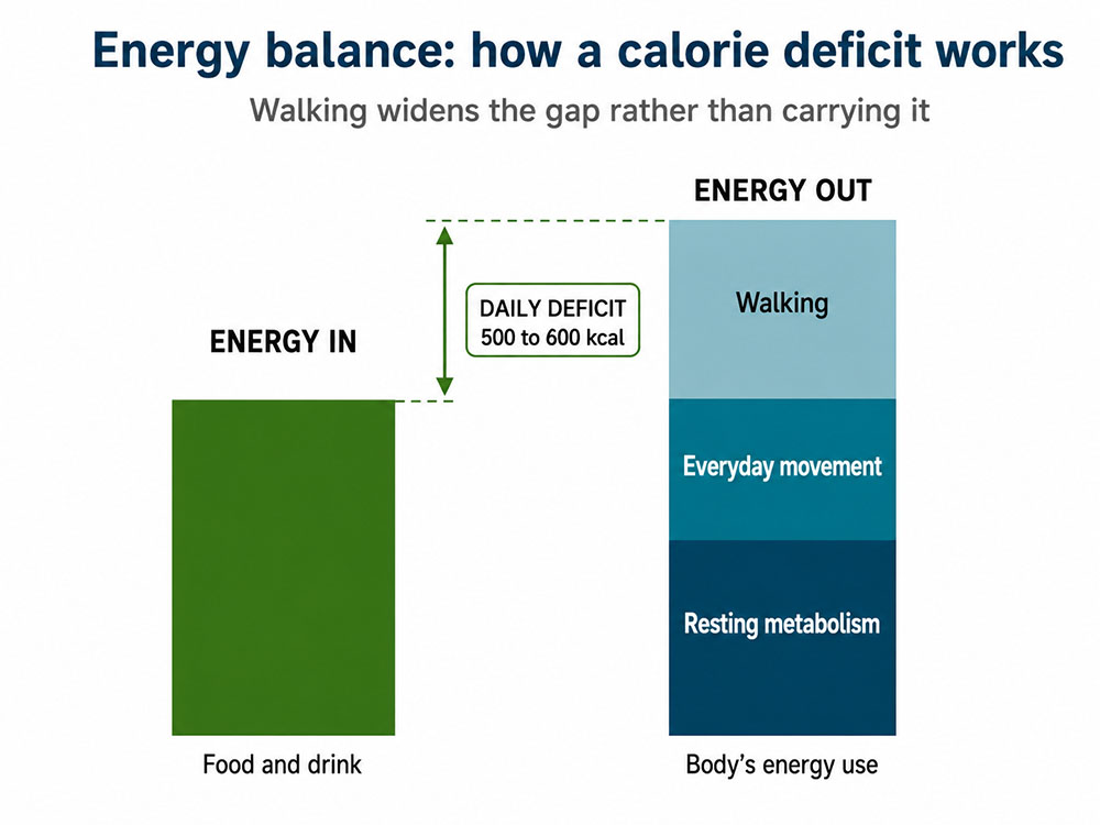 Energy-balance diagram comparing food and drink with resting metabolism, everyday movement and walking, showing a 500 to 600 kcal daily deficit.