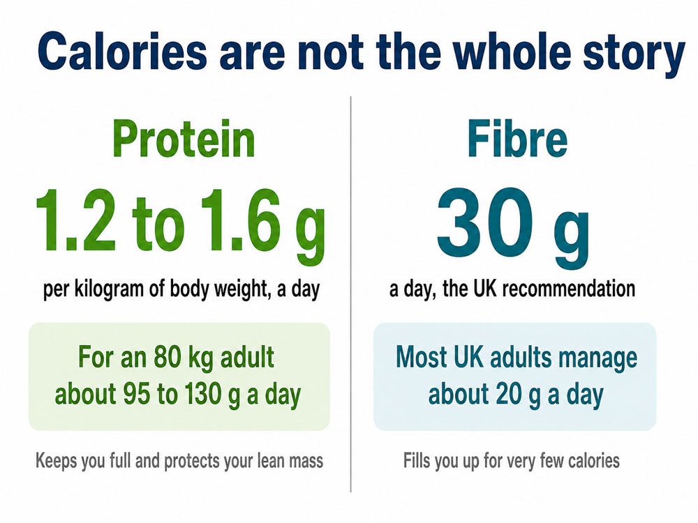 Infographic recommending 1.2 to 1.6 g of protein per kilogram of body weight and 30 g of fibre a day during weight loss.
