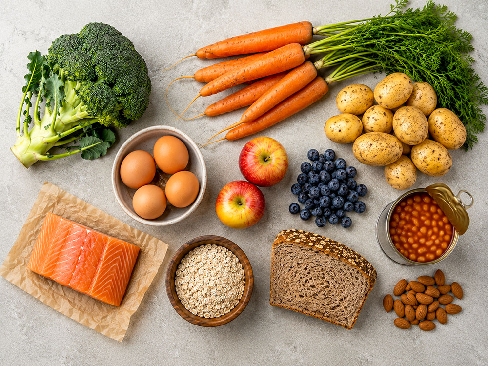 Flat lay of vegetables, fruit, salmon, eggs, oats, wholegrain bread, beans, potatoes and almonds for a balanced weight-loss diet.