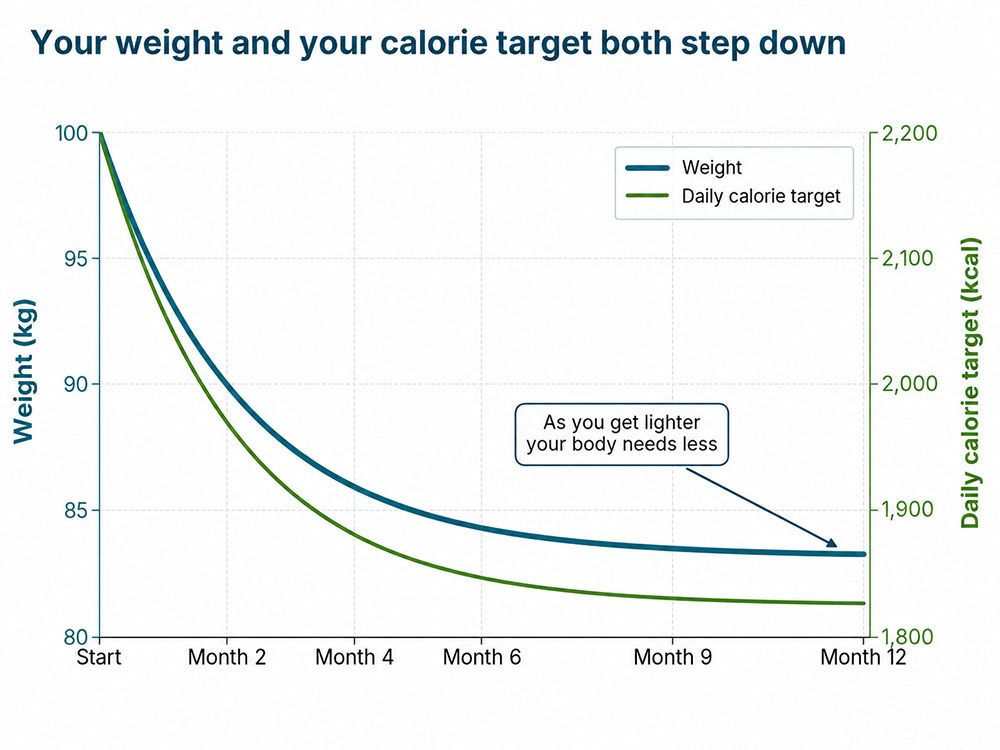 Line chart showing body weight and daily calorie target both declining over 12 months as a lighter body needs fewer calories.