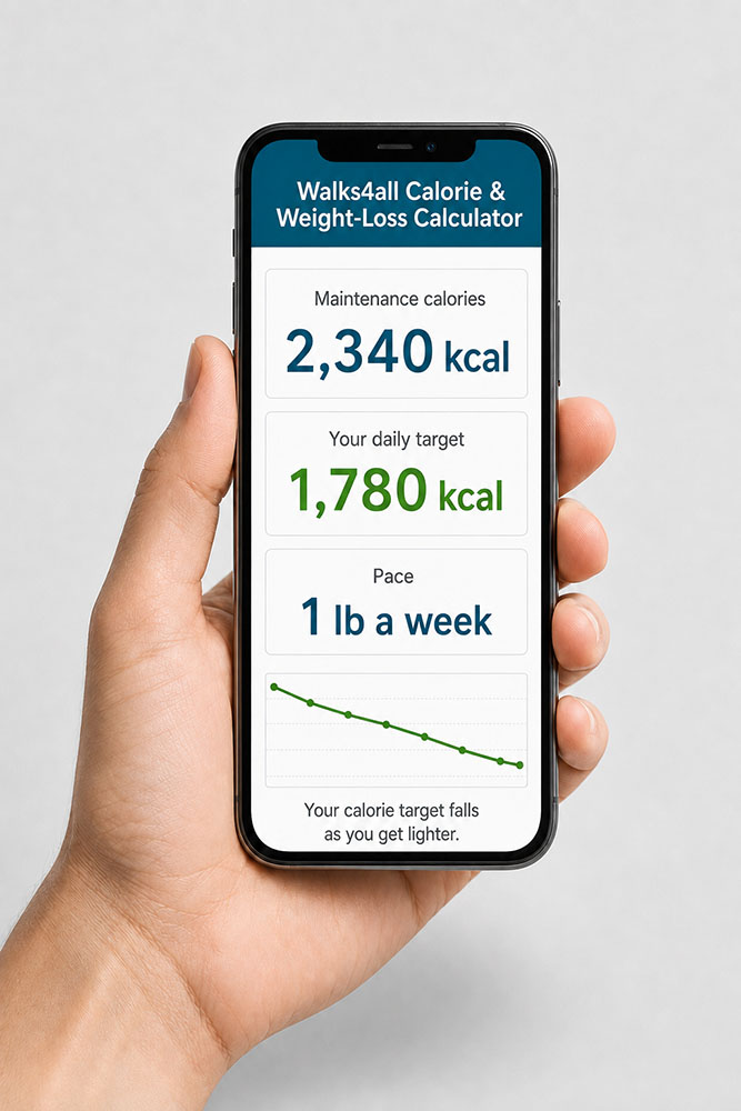 Hand holding a phone displaying the Walks4all calorie and weight-loss calculator with maintenance calories, a daily target, pace and a falling target graph.