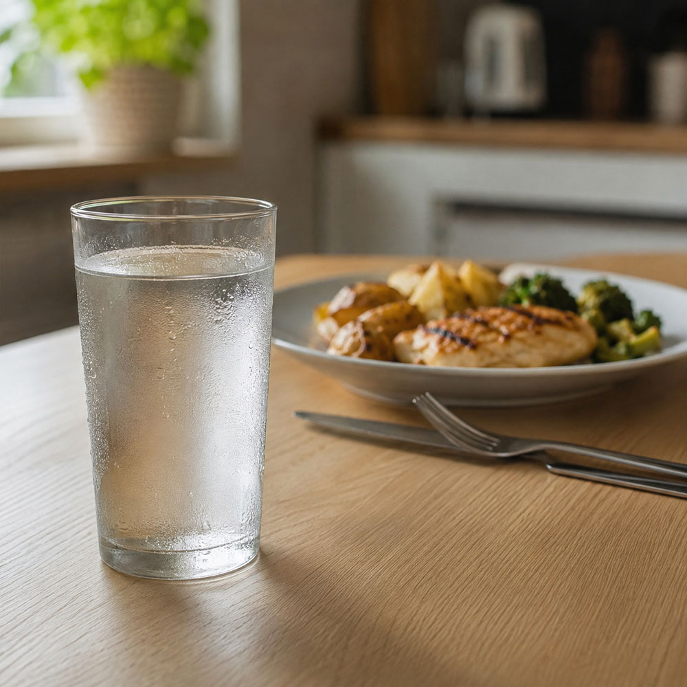 Cold glass of water on a dining table beside a balanced meal, illustrating drinking water before meals during weight loss.