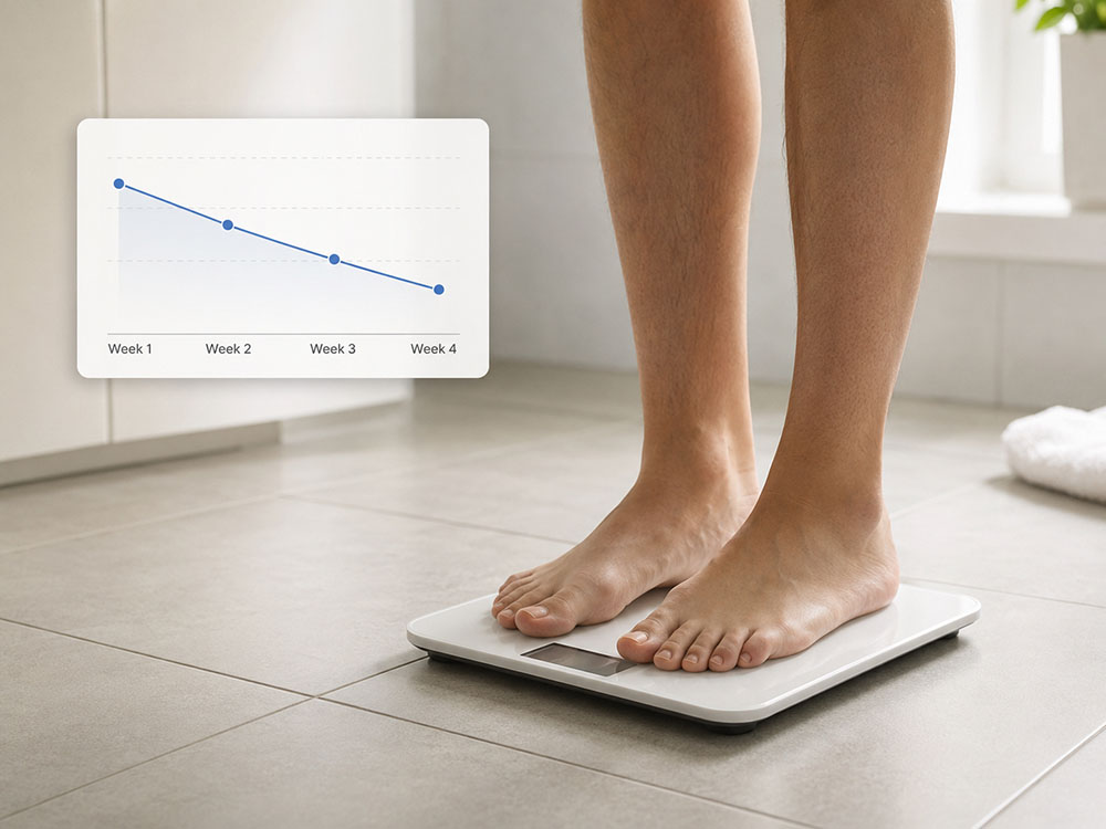 Person standing with both feet flat on bathroom scales beside a four-week downward trend chart labelled Week 1 to Week 4.