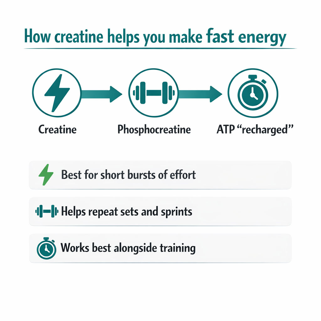 Infographic showing creatine to phosphocreatine to ATP recharge for short, high-intensity effort