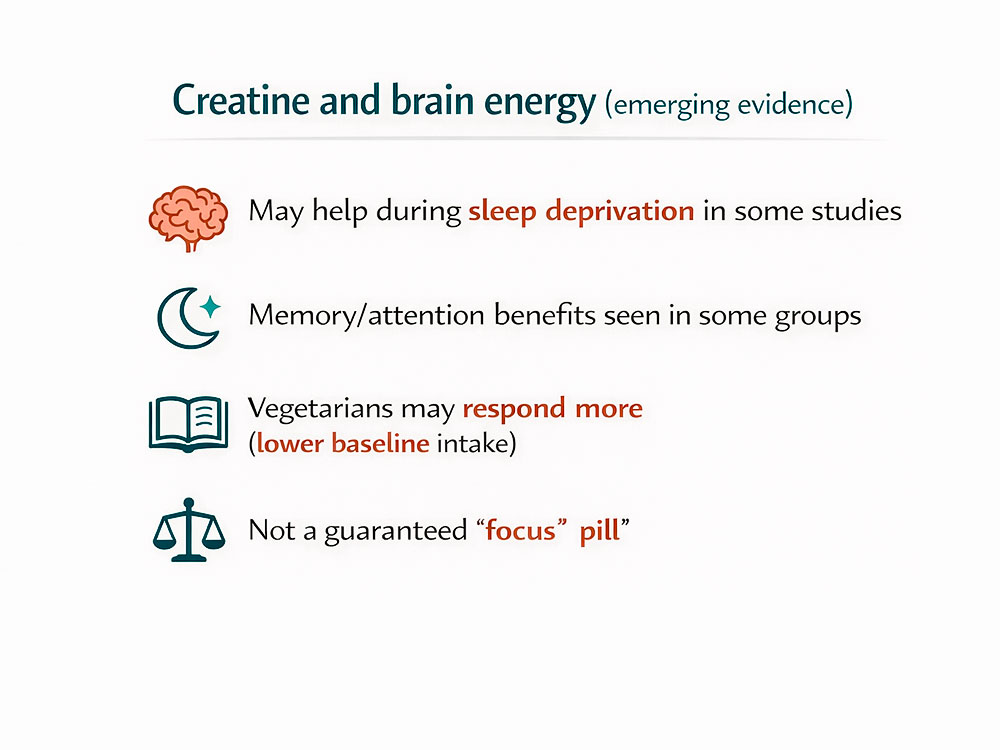 Infographic showing how creatine may support cognition during sleep deprivation and mental fatigue