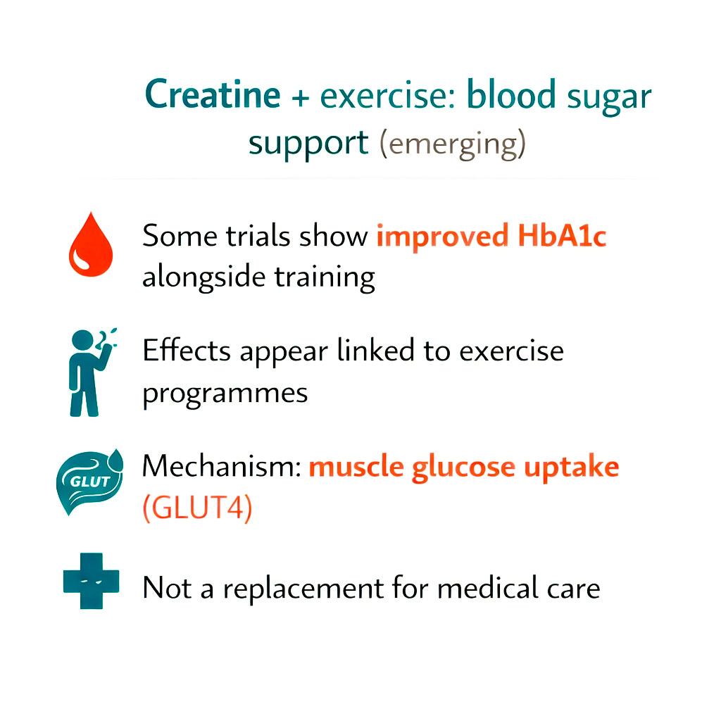 Infographic on creatine plus exercise and potential improvements in blood sugar markers like HbA1c