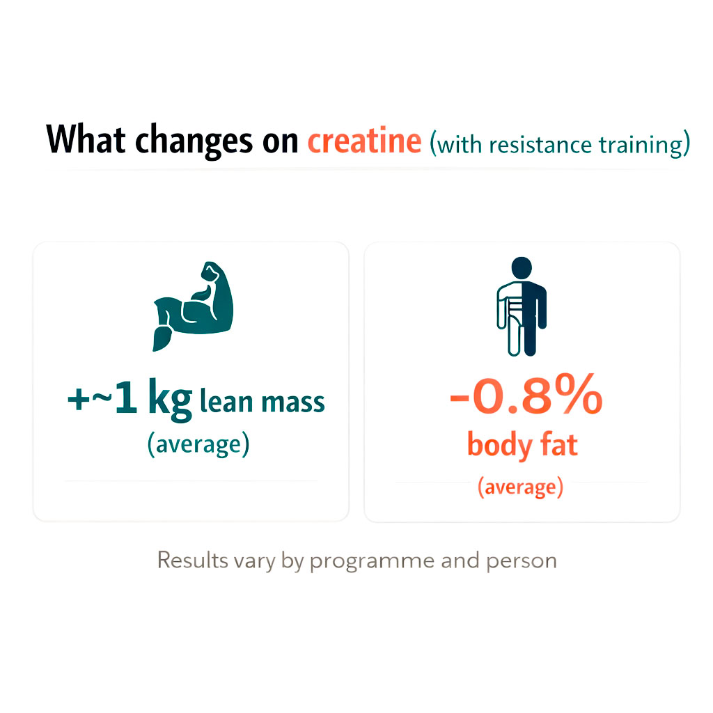 Infographic showing typical lean mass increase and body fat reduction seen with creatine plus training