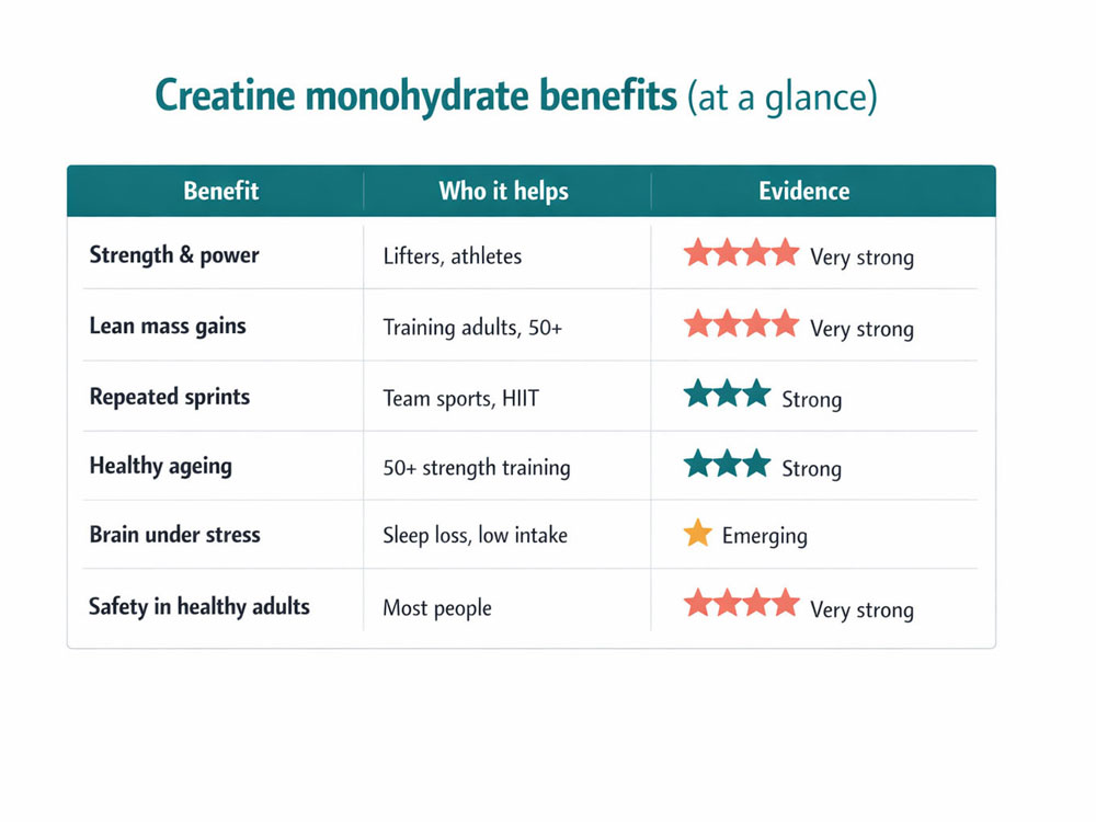 Table infographic listing creatine benefits, who they help, and evidence strength ratings