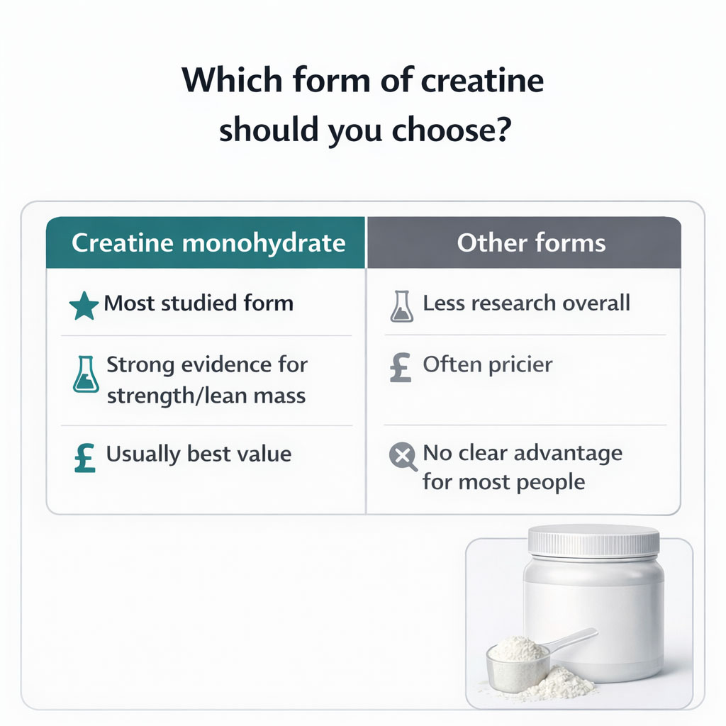 Comparison infographic showing why creatine monohydrate is most studied versus other creatine types
