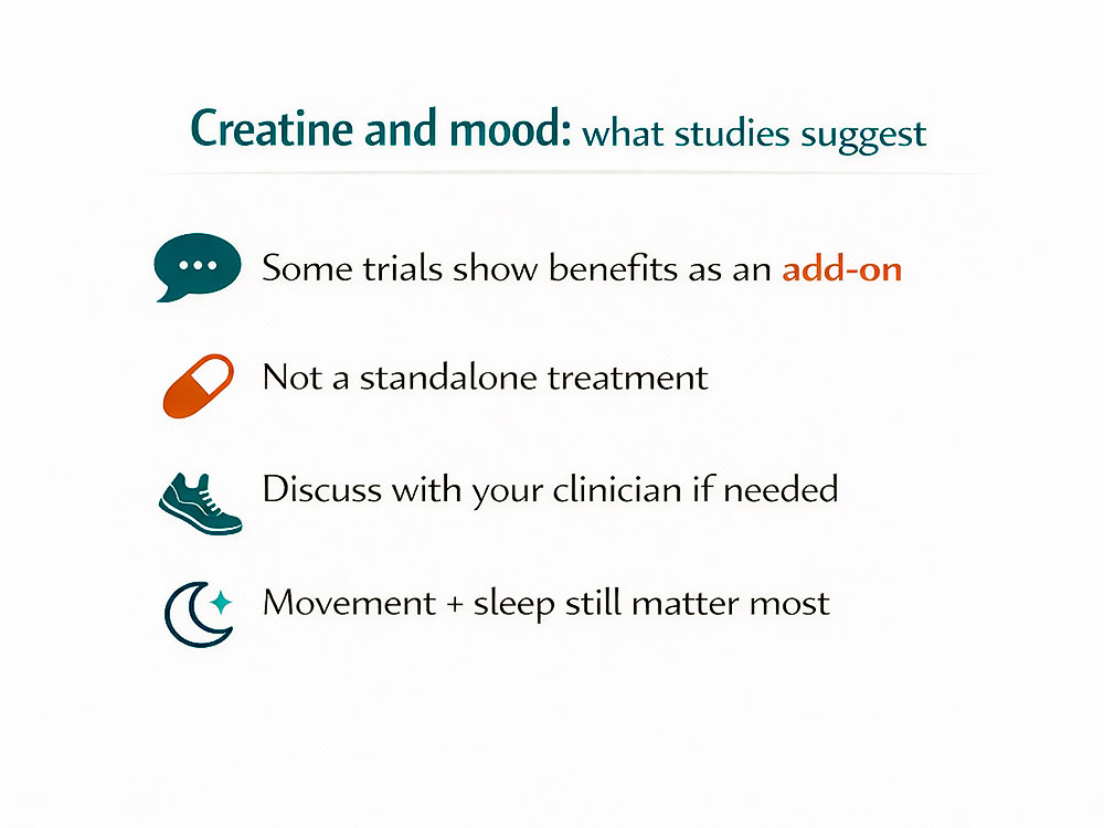 Infographic noting creatine’s emerging role as an add-on in mood support, not a standalone treatment