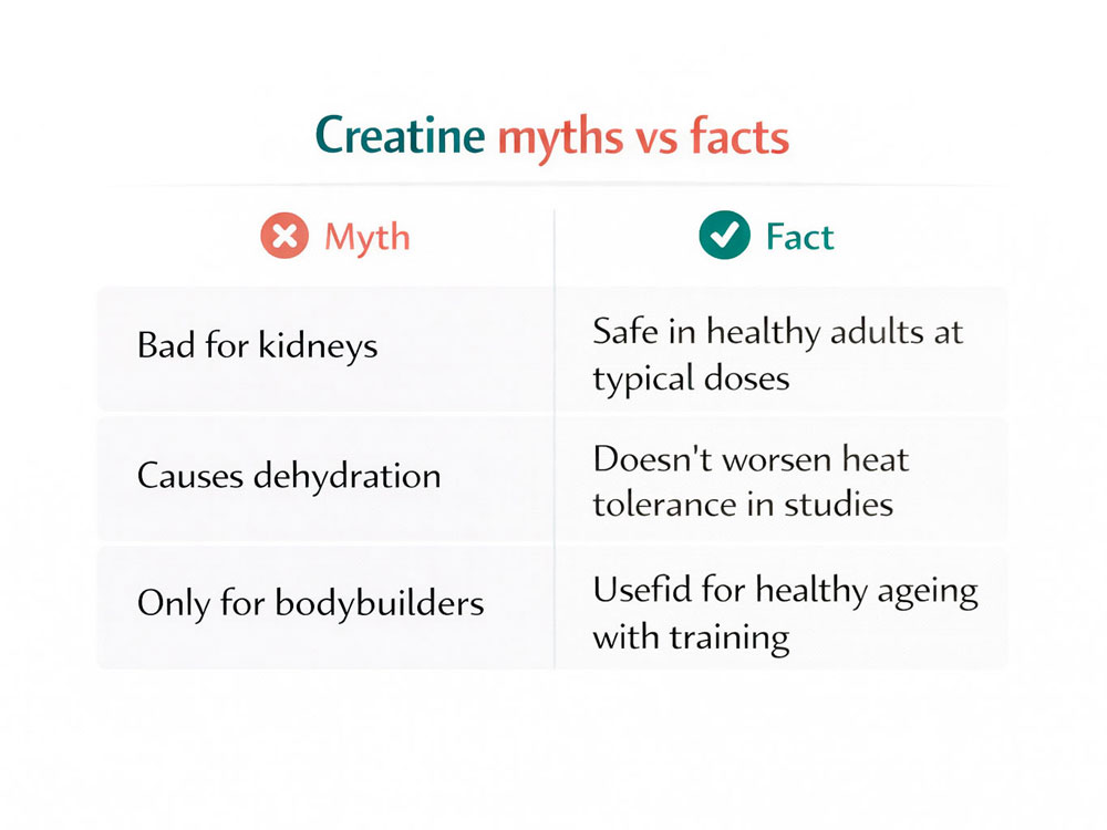 Infographic comparing common creatine myths with evidence-based facts about safety and use