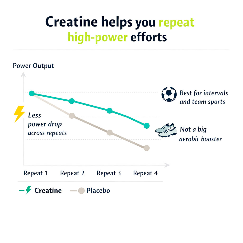 Line chart showing smaller performance drop across repeated sprints with creatine versus placebo