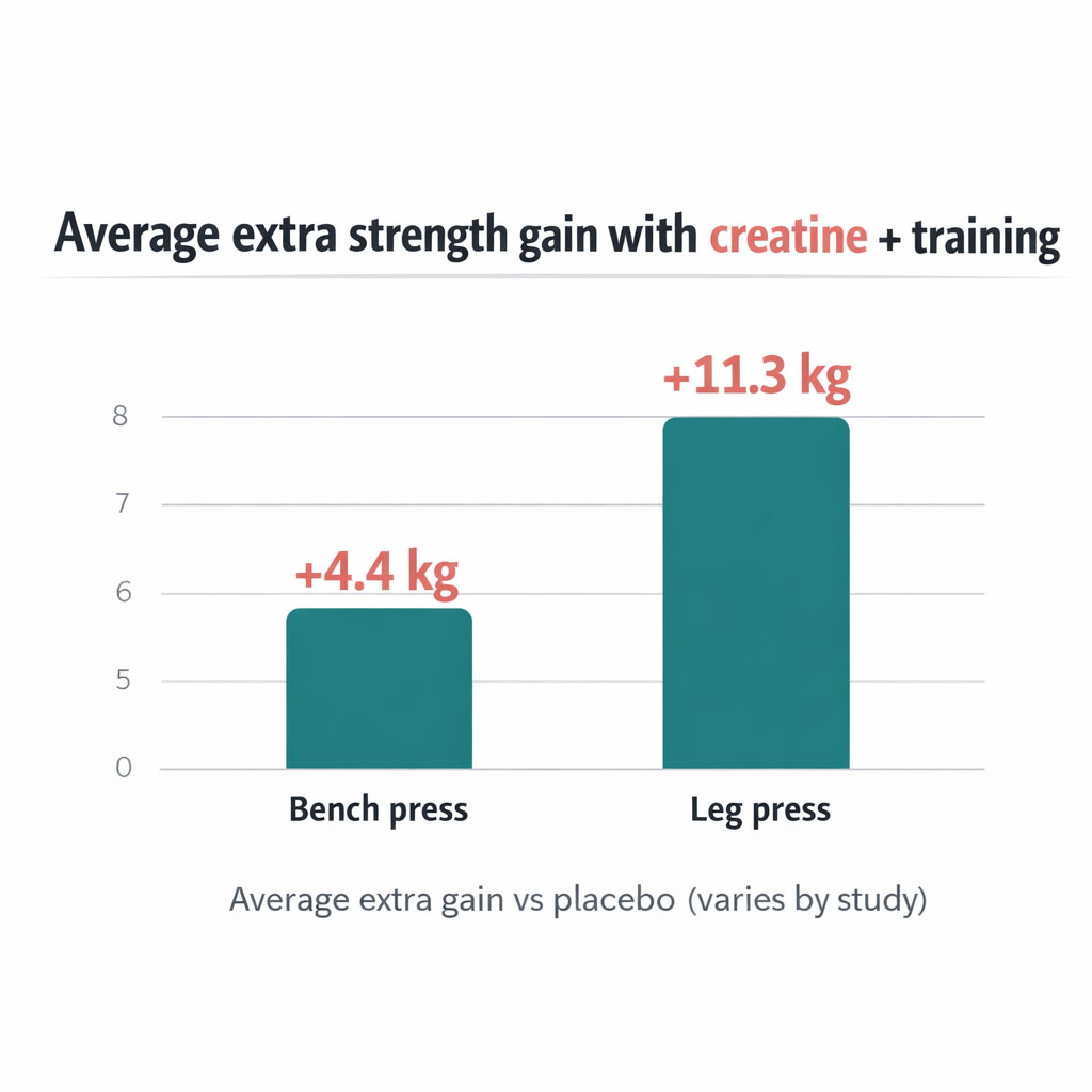 Bar chart showing average extra bench press and leg press gains with creatine plus resistance training