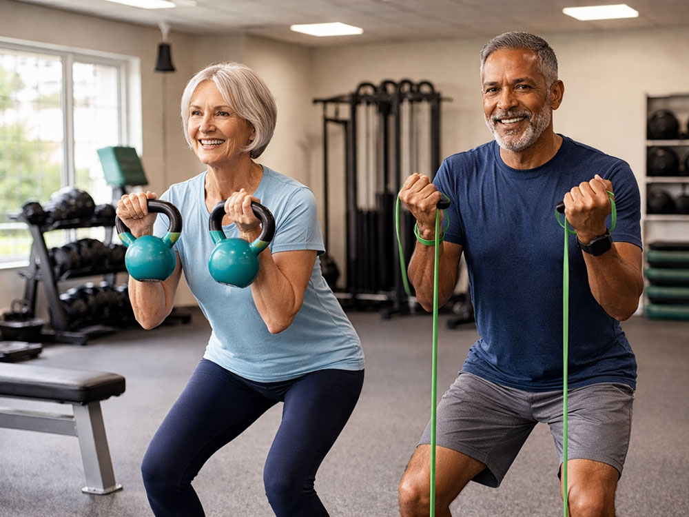 Older adults doing resistance training, highlighting healthy ageing and maintaining strength and function