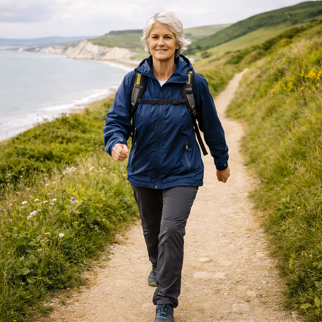 Older woman power-walking on a UK trail, representing independence supported by strength and mobility