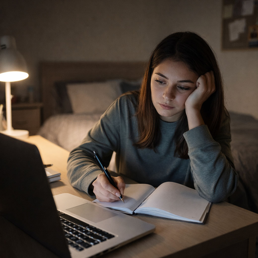 Student studying late at a desk, representing mental fatigue and emerging research on creatine and cognition
