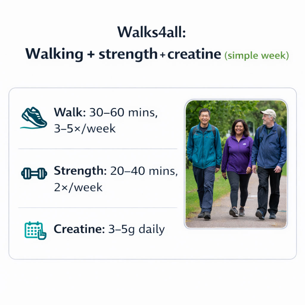 Weekly plan infographic combining walking sessions, strength workouts, and daily creatine use