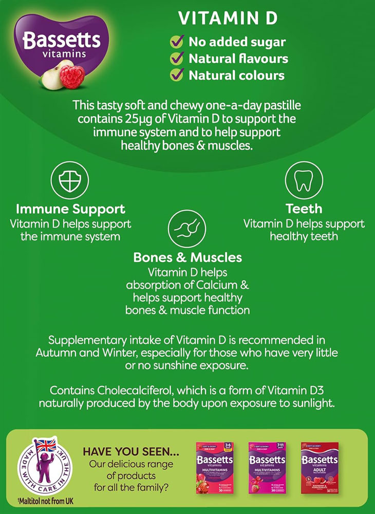 Bassetts Vitamins Adult Vitamin D Apple & Raspberry Pastilles - benefits