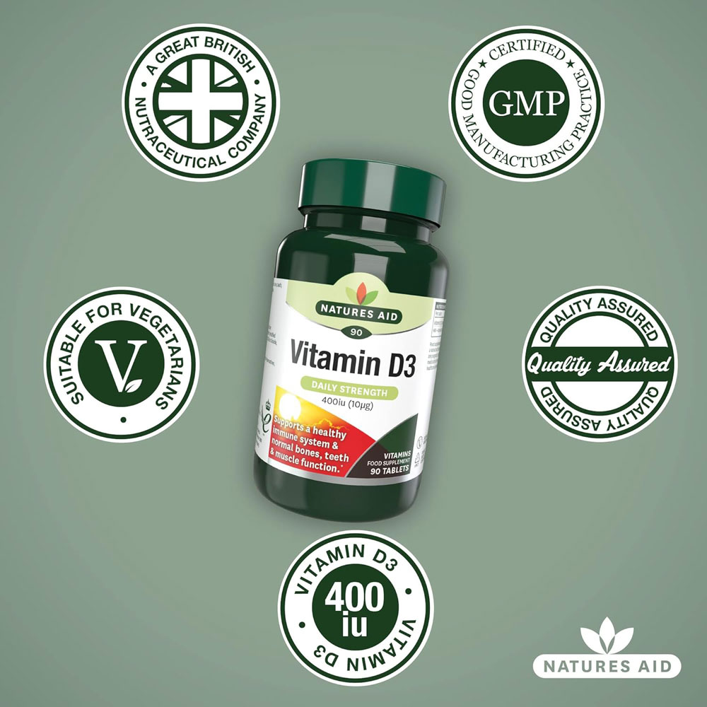 Natures Aid Vitamin D3 10&mu;g (400 IU) tablets - features