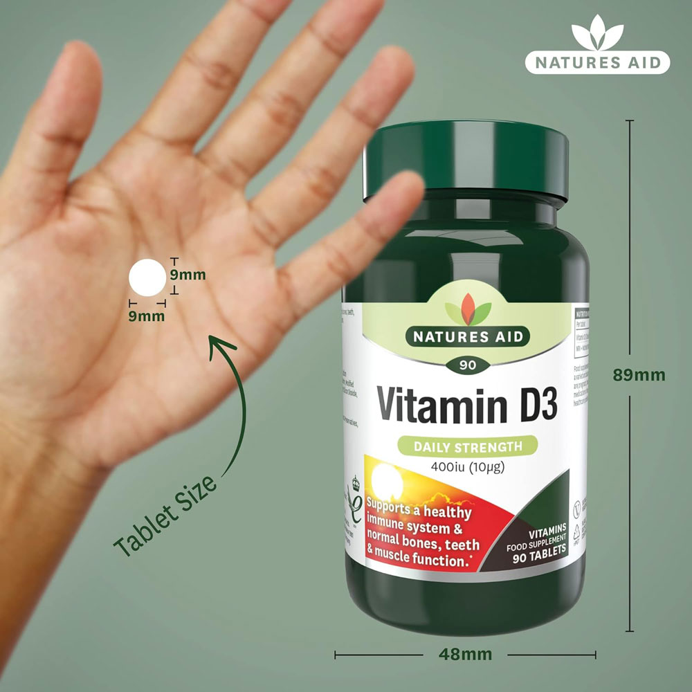 Natures Aid Vitamin D3 10&mu;g (400 IU) tablets - size